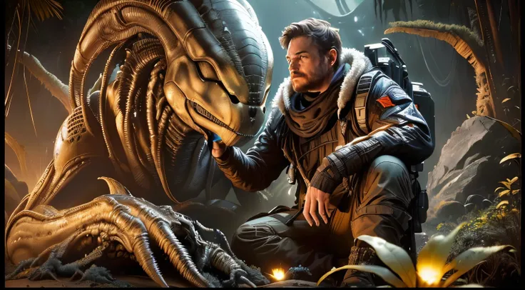 a man sitting next to a giant alien creature in a jungle, from aliens franchise, xenomorphic, xenomorph alien, xenomorph, film still from movie dune-2021, scene from dune 2 0 2 1 movie, alien isolation, ( ( ( alien ) ) ), white xenomorph, giga, alien xenom...