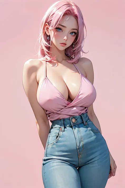 aqua eyes, pink hair, masterpiece, 1girl, big breasts , elegant, vivd color, romanticism, arms behind back, street fashion, shiny skin, sexy pose, ((pink background)), heavy blushing, upper body, straight on, (cleavage), perfect thighs, standing, casual, f...