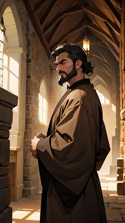 Man in brown robe. 50 years old man. Short black hair with gray. Little beard and mustache. Serious look. Inside an old medieval-looking room.