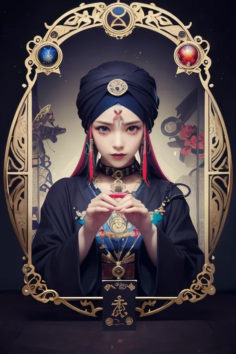 Onmyoji，Metal Picture Frame，card，tarot cards：1.37. Mysterious Fortune Teller Wearing a Turban，Finger taps an array of tarot cards in the air，Mystical symbols and elements，Ancient Mysterious Atmosphere ， realistic illustration details ，Vibrant and vibrant c...