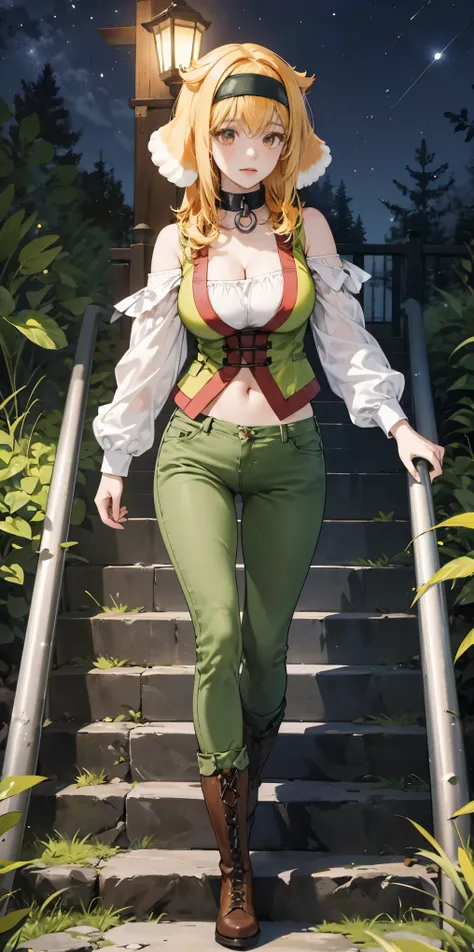 masterpiece, best quality, roxanne, dog ears, black hairband, collar, off-shoulder shirt, cleavage, green vest, green pants, large breasts, walking, stairs, forest, night sky, boots
