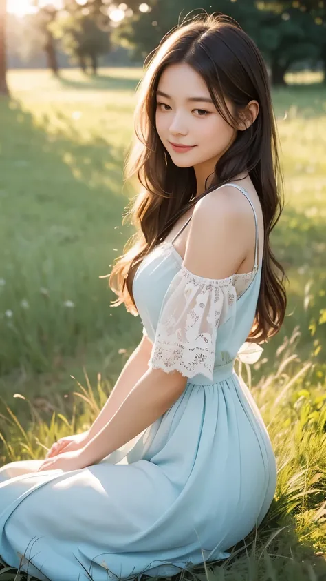 A serene and romantic portrait of a young woman sitting in a sunlit meadow during golden hour. She is dressed in a delicate, light-blue lace dress that softly flows around her. Her long, smooth hair cascades down her back, adorned with a pastel pink ribbon...