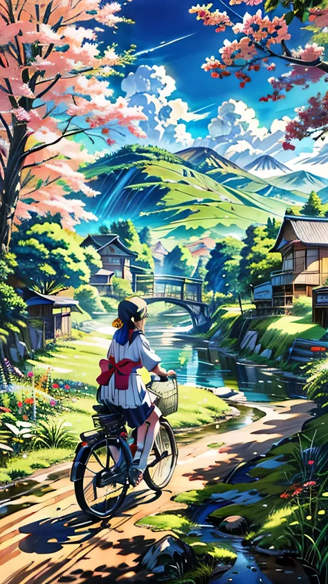  a painting of a woman riding a bicycle along a dirt road next to a river, flores, multicolored flowers , village, anime countryside landscape, anime landscape, daisy flores, anime scenery, japanese rural town, anime landscape wallpaper,  Japanese field , ...