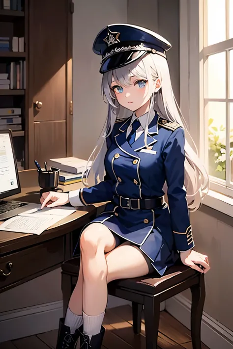 anime girl, blue military uniform, silver eye, silver hair, blue military hat, White blouse, silver eye, silver hair, Black short boots, Long white socks, Im sitting on a chair and doing paperwork