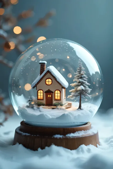 a glass globe in which a small house and a tree 啊热、 by snow