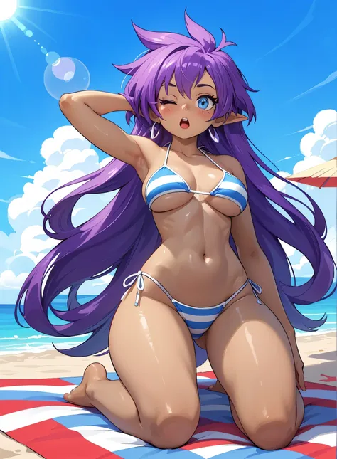 [Shantae], ((masterpiece)), ((HD)), ((high res)), ((solo portrait)), ((full body)), ((front view)), ((low angle view)), ((feet visible)), ((cartoon aesthetic)), ((beautiful rendering)), ((detailed shading)), ((intricate details)), {(attractive figure), (da...