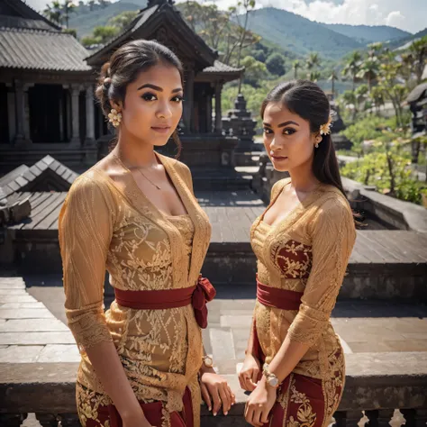 beautiful young girl wearing kebaya dress,girl with beautiful detailed eyes,beautiful detailed lips,extremely detailed face and eyes,long eyelashes,pura temple in the background,lake batur,soft bokeh background,serene landscape,natural lighting,vibrant col...