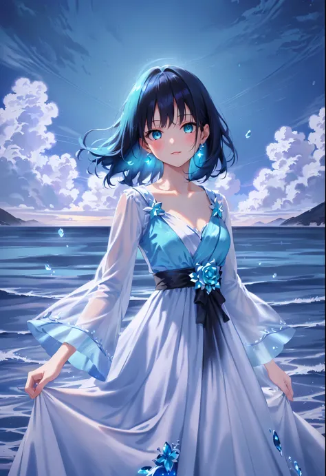 masterpiece, best quality, highres, absurdres, 4k resolution, official art, source_anime, waist up, expressive eyes, female, youthful, teenager, young, beautiful, looking at viewer, black hair, night hair, long hair, flat hair, straight hair, long sideline...