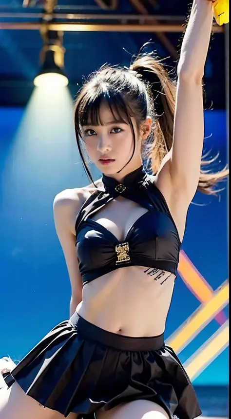  the girl is at a rave festival at night 、 cheerleader、 pleated skirt、 ponytail 、 A realistic and beautiful Japanese woman 、1、（Round and big breasts）、Perfect Proportions, LED screen and stage light 、 creates cinematic lighting effects 、 scene contracted by...