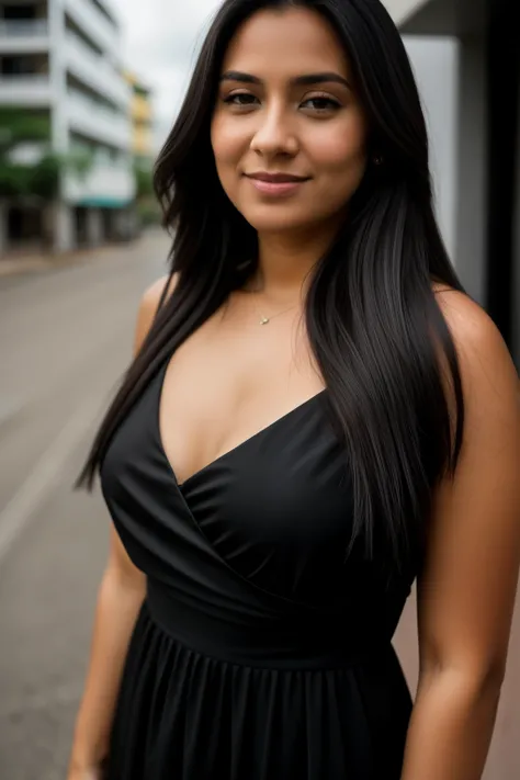 foto RAW, Close-up portrait photo in black dress ,  long hair, ( full body lesbian :0.3) Lean body,  The background is the city of Parnaíba in Piauí(highdetailskin:1.2), 8K UHD,  digital SLR camera ,  soft lighting ,  high quality ,  movie grain,  Fujifilm...