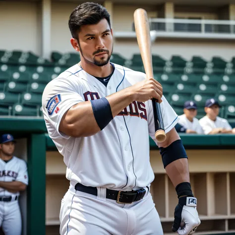 35years old,One Man, baseball players with dreams、Muscular、White uniform、White uniformパンツ、 black belt、 Black Gloves 、, short hair, smooth hair、Stubble　Muscular、Baseball Stadium。cool batting 、The face of a handsome Japanese person　　 upper body up 