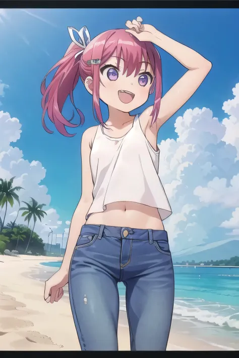 masterpiece,best quality,ultra detail,1girl, 14yo,petite, smile happily,background((under the beach, (day:1.2), under sand beach, bright sky)), kanzaki tomoyo, pink hair, ponytail hair, Raise your arms and bring them behind your head, white tank top, white...