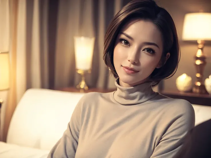 a beautiful young woman in a casual outfit, short hair, lady bikers, detailed face, alluring eyes, full lips, large bust, turtle neck t-shirt, leather jacket, outdoor date setting, soft lighting, warm colors, photorealistic, 8k, cinematic, beautiful detail...