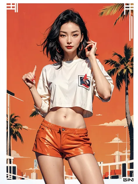 Flat Illustration artwork, ((young 24 year old Maggie cheung)) in a oversized crop top and shorts in a fashion pose in front of simple background, up close red lips, wear dark sunglasses, korean pop-star, big smile, black hair, pretty hands, fringe, simple...