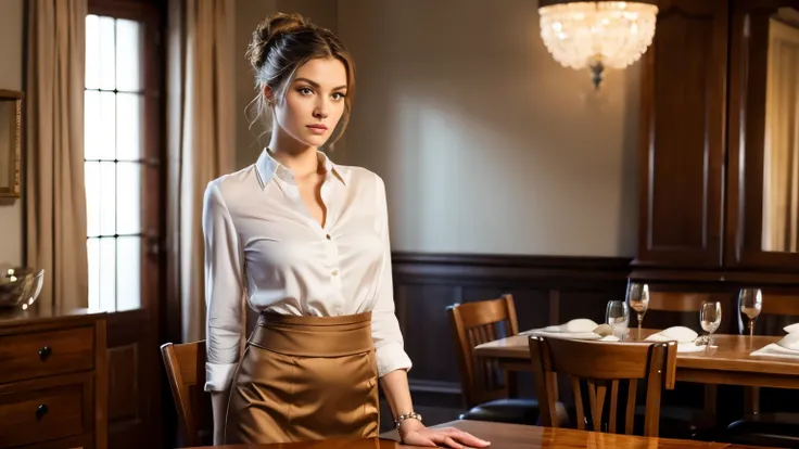 ((best quality)), ((masterpiece)), (detail), 44-year-old European womans beautiful face with pale skin, caramel hair tied in a bun, perfect figure with perfect 34D bust, standing behind the dining table, wall decorations, wooden furniture, bowls, forks. So...