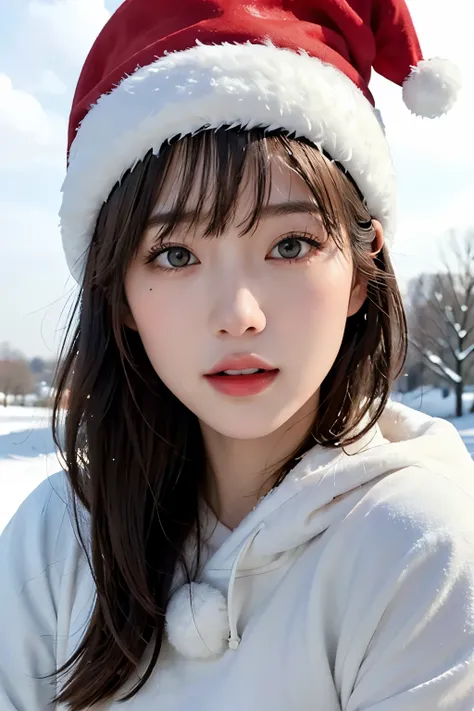 top-quality、​masterpiece、 Ultra A High Resolution、( realistic :1.4)、 beautiful woman１、Beautiful eyes and skin details、 laughs、 light brown short hair、Winter trend clothes、Santa hat、Weak sunlight、 cloudy ash sky  、snow、