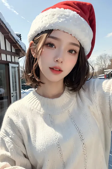 top-quality、​masterpiece、 Ultra A High Resolution、( realistic :1.4)、 beautiful woman１、Beautiful eyes and skin details、 laughs、 light brown short hair、Winter trend clothes、Santa hat、Weak sunlight、 cloudy ash sky  、snow、