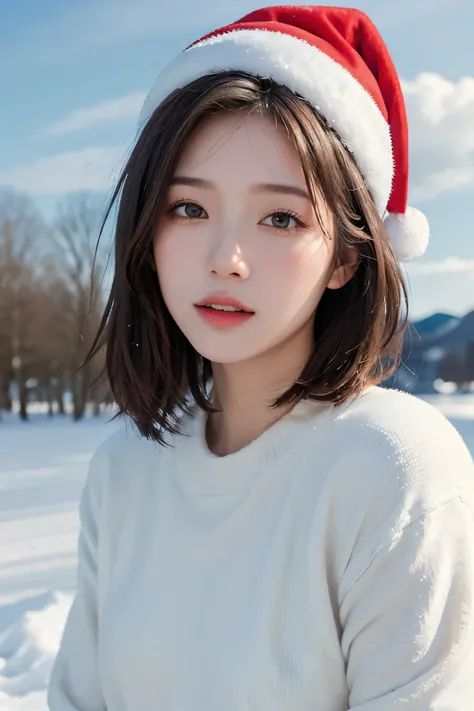 top-quality、​masterpiece、 Ultra A High Resolution、( realistic :1.4)、 beautiful woman１、Beautiful eyes and skin details、 laughs、 light brown short hair、Winter trend clothes、Santa hat、Weak sunlight、 cloudy ash sky  、snow、