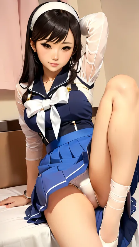 A carafe in a blue skirt is posing,  Beautiful Maid ,  white panties、extremely detailed  art gel ,   Beautiful Attractive Anime Woman ,  and a tracer in a tight dress,  white panties、 sexy anime girls ,  trending at cgstation , like  art gel , An Asian wom...