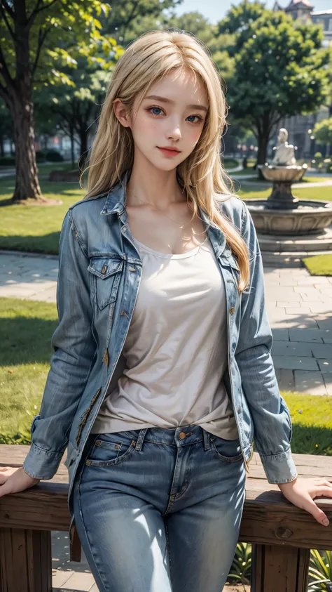 masterpiece, best quality, 1girl, beautiful, fine, delicate, extremely intricate, detailed, blonde hair, jeans jacket, blue eyes, ((masterpiece)), extremely detailed, best quality, high resolution, ((at a park)), Bridget, smile,  upper body , closed jacket...