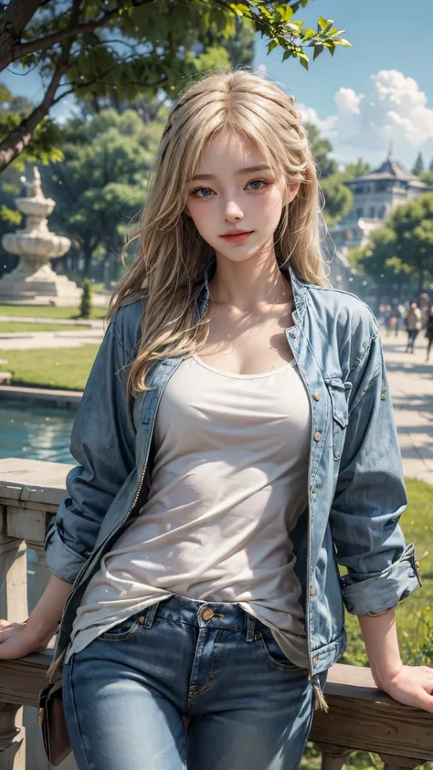 masterpiece, best quality, 1girl, beautiful, fine, delicate, extremely intricate, detailed, blonde hair, jeans jacket, blue eyes, ((masterpiece)), extremely detailed, best quality, high resolution, ((at a park)), Bridget, smile,  upper body , closed jacket...