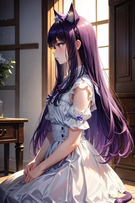 masterpiece、 top quality、One beautiful girl、clear、Age 14 、Purple long hair、 hair fluttering 、Cat ears、Dignified profile 、I&#39;m sorry、 flowers are dancing、Maid outfit