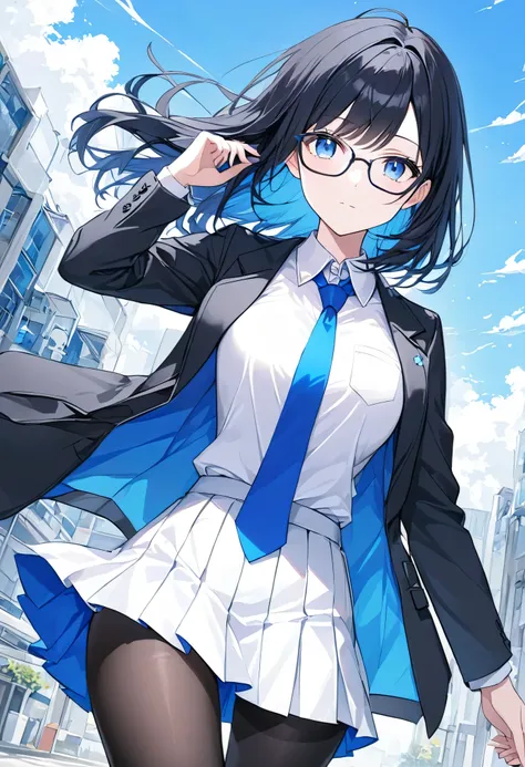 1 girl, mommy, adult, has long black hair with blue inside, wearing square glasses, blue eyes, pale skin, wearing a white shirt with a blue tie, white short skirt, black pantyhose, wearing a black suit with blue inside, outside, beautiful blue sky, simple ...