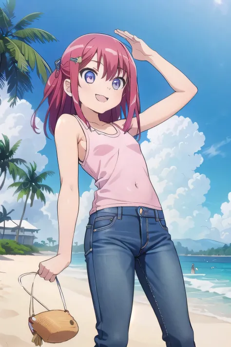 masterpiece,best quality,ultra detail,1girl, 14yo,petite, smile happily,background((under the beach, (day:1.2), under sand beach, bright sky)), kanzaki tomoyo, red hair, Raise your arms and bring them behind your head, pink tank top, jeans, blue pants, (fl...