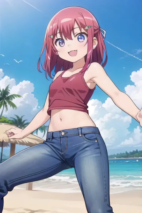 masterpiece,best quality,ultra detail,1girl, 14yo,petite, smile happily,background((under the beach, (day:1.2), under sand beach, bright sky)), kanzaki tomoyo, red hair, Raise your arms and bring them behind your head, light pink tank top, light pink crop ...