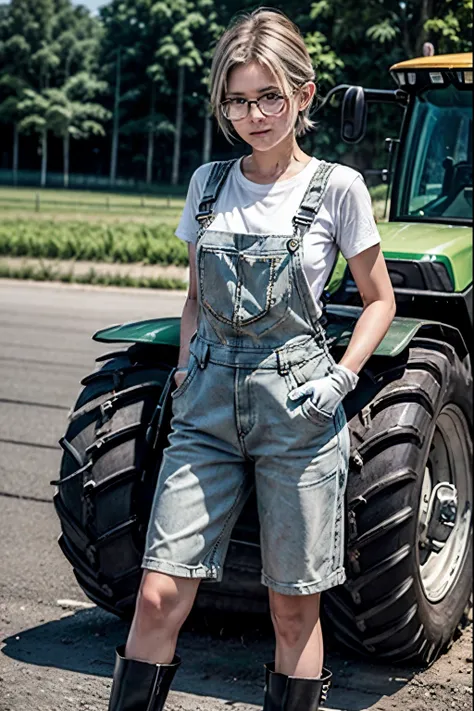 Tractor、John Deere 6605 、Farmer、 white t-shirt 、 overalls 、 white work gloves 、 black short boots 、She has silver semi-short hair and wears her hair on one ear、Glasses