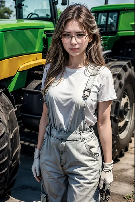 Tractor、John Deere 6605 、Farmer、 white t-shirt 、 overalls 、 white work gloves 、 black short boots 、 silver semi-long hair with hair hanging over one ear、Glasses