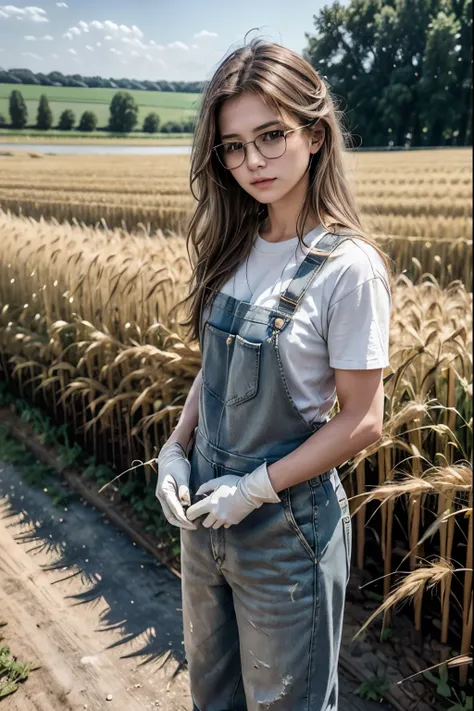 John Deere 6605 、Farmer、golden wheat field、 white t-shirt 、 overalls 、 white work gloves 、 black short boots 、 silver semi-long hair with hair hanging over one ear、Glasses