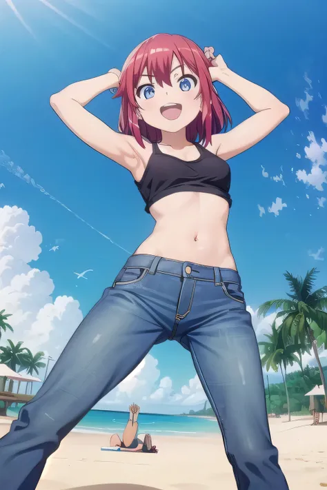 masterpiece,best quality,ultra detail,1girl, 14yo,petite, smile happily,background((under the beach, (day:1.2), under sand beach, bright sky)), kanzaki tomoyo, red hair, Raise your arms and bring them behind your head, cyan tank top, cyan crop top, jeans, ...