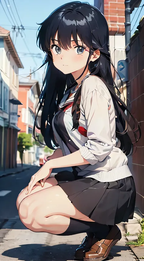 A beautiful anime girl squatting, wearing a short skirt. She has an attractive appearance and is depicted in anime style. The girl is animated and resembles Marin Kitagawa from Azure Runway Style. The style is a mix of fleet collection and animation cute s...