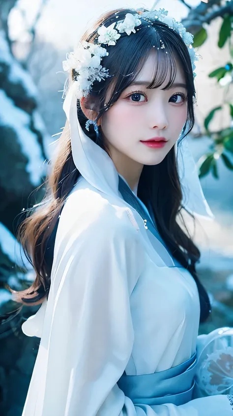 Portrait、Snow Woman、 phantom engine rendering 、 Skin Is Like Snow 、 temperament is cold and glossy Mysterious {x} light blue Or hang down lightly with long white hair、 wearing white Hanfu 、 Holding a white fan 、 mystical creatures in Japanese mythology 。 m...