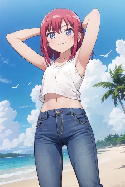 masterpiece,best quality,ultra detail,1girl, 14yo,petite, smile happily,background((under the beach, (day:1.2), under sand beach, bright sky)), kanzaki tomoyo, red hair, Raise your arms and bring them behind your head, White tank top, White crop top, jeans...