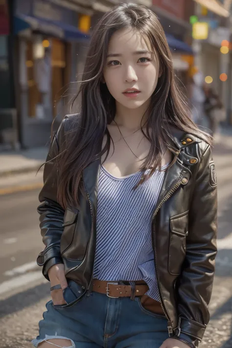 Photo-realistic, masterpiece, high resolution, realistic skin details, realistic clothing details, realistic lighting, 17-year-old girl, solo portrait, street scene,