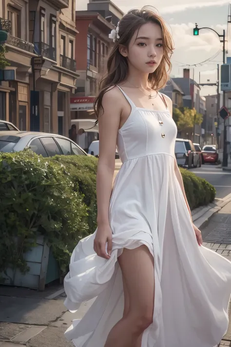 Photo-realistic, masterpiece, high resolution, realistic skin details, realistic clothing details, 17-year-old girl, white dress, solo portrait, street scene,