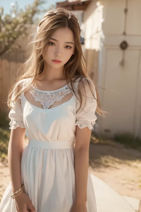 Photo-realistic, masterpiece, high resolution, realistic skin details, realistic clothing details, realistic lighting, 17-year-old girl, white dress, solo portrait, Fujifilm camera, ranch,