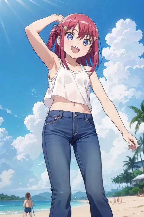 masterpiece,best quality,ultra detail,1girl, 14yo,petite, smile happily,background((under the beach, (day:1.2), under sand beach, bright sky)), kanzaki tomoyo, red hair, Raise your arms and bring them behind your head, White tank top, White crop top, jeans...