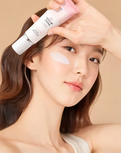 A beautiful woman is applying a skin treatment to her face. Her skin looks smooth and clean, giving off a sense of glamour and elegance. Her eyes are bright and captivating, and her lips are perfectly shaped. She exudes a sense of youth and health, with he...
