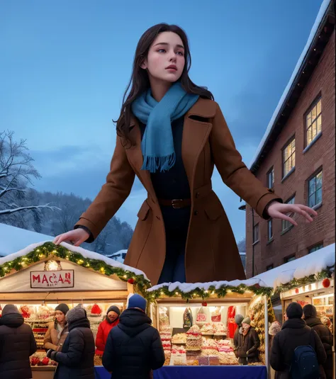 A giantess extremely tall teenage girl, towering over the crowd at a Christmas market, her presence drawing awestruck stares, beautiful detailed eyes, beautiful detailed lips, extremely detailed eyes and face, long eyelashes, slender figure, graceful pose,...