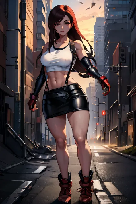 (masterpiece), best quality, expressive eyes, perfect face, 1 girl, solo, defTifa, white crop top, elbow pad, fingerless gloves, suspenders, pencil skirt, black socks, red boots, city, metallic city, night, smiling, posing, standing, portrait, looking at t...