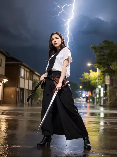 sharp lines, (((masterpiece))), ((( top quality: 1.4))), (( super detailed: 1.4)) ,  movie lights, High-quality photos 、Great Storm、Thunderstorm 、Heavy Rain、((heavy rain、Strong winds))、Lightning strikes、Beautiful girl holding a Japanese sword、revenge、 head...