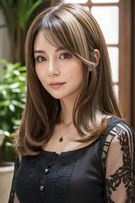 ８hair, super detailed, Masterpiece , for light, thin hair color, photorealistic , detailed face , detail eyes, 50-year-old woman, 1 person, cute face, have thick and plump lower lips, facing forward , (( viewers)), 黒hair、長いhair、 long hairstyle, Light cloth...