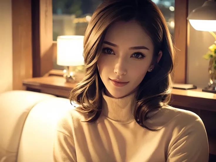 a beautiful young woman in a casual outfit, short hair, lady bikers, detailed face, alluring eyes, full lips, large bust, turtle neck t-shirt, leather jacket, outdoor date setting, soft lighting, warm colors, photorealistic, 8k, cinematic, beautiful detail...