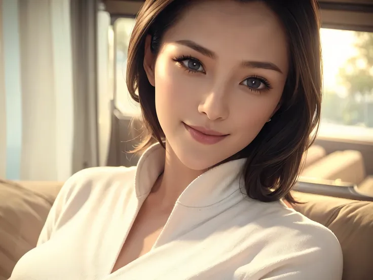 a beautiful young woman in a casual outfit, short hair, lady bikers, detailed face, alluring eyes, full lips, large bust, turtle neck t-shirt, leather jacket, outdoor date setting, soft lighting, warm colors, photorealistic, 8k, cinematic, beautiful detail...