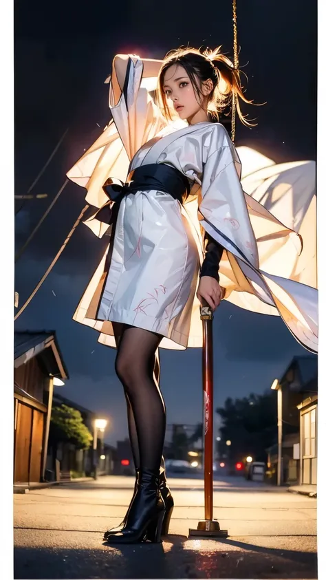 sharp lines, (((masterpiece))), ((( top quality: 1.4))), (( super detailed: 1.4)) ,  movie lights, High-quality photos 、Great Storm、Thunderstorm 、Heavy Rain、((heavy rain、Strong winds))、Lightning strikes、(落ち着いた柄のkimono, kimono,  kimono), ( Ultra Realistic P...