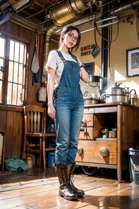 ( top quality, 4K,   Masterpiece   :1.3),  1 girl , (steampunk), scenery, steampunk room engine, Engine Repair, Gear, Cog, steam,  boots,  overalls , goggles,  dirty face ,  standing, mechanical, Oil on the floor, Dirty floor