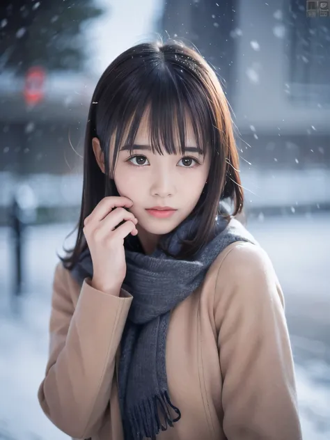 (Close-up face shot of one slender small breasts half up brown long hair with bangs girl in a winter long coat and scarf:1.5)、(One girl is crying with tears in the midnight:1.5)、(Heavy snowing night:1.5)、(blurred background:1.5)、(Natural light:1.5)、(8k ult...